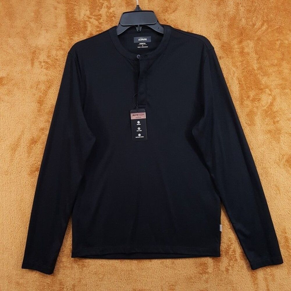 ALFANI Shirt Mens Small Black Pullover Henley Long Sleeve Stretch Alfatech
